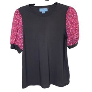 CeCe Black Top with Pink Patterned Puff Sleeves